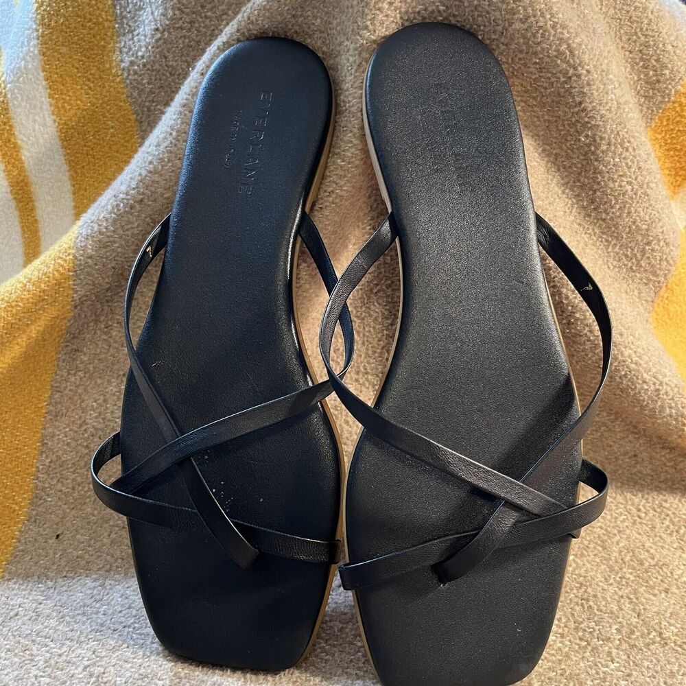 Everlane Leather Strappy Sandal Size 7 Black Flats Cruise Resort Beach Coastal